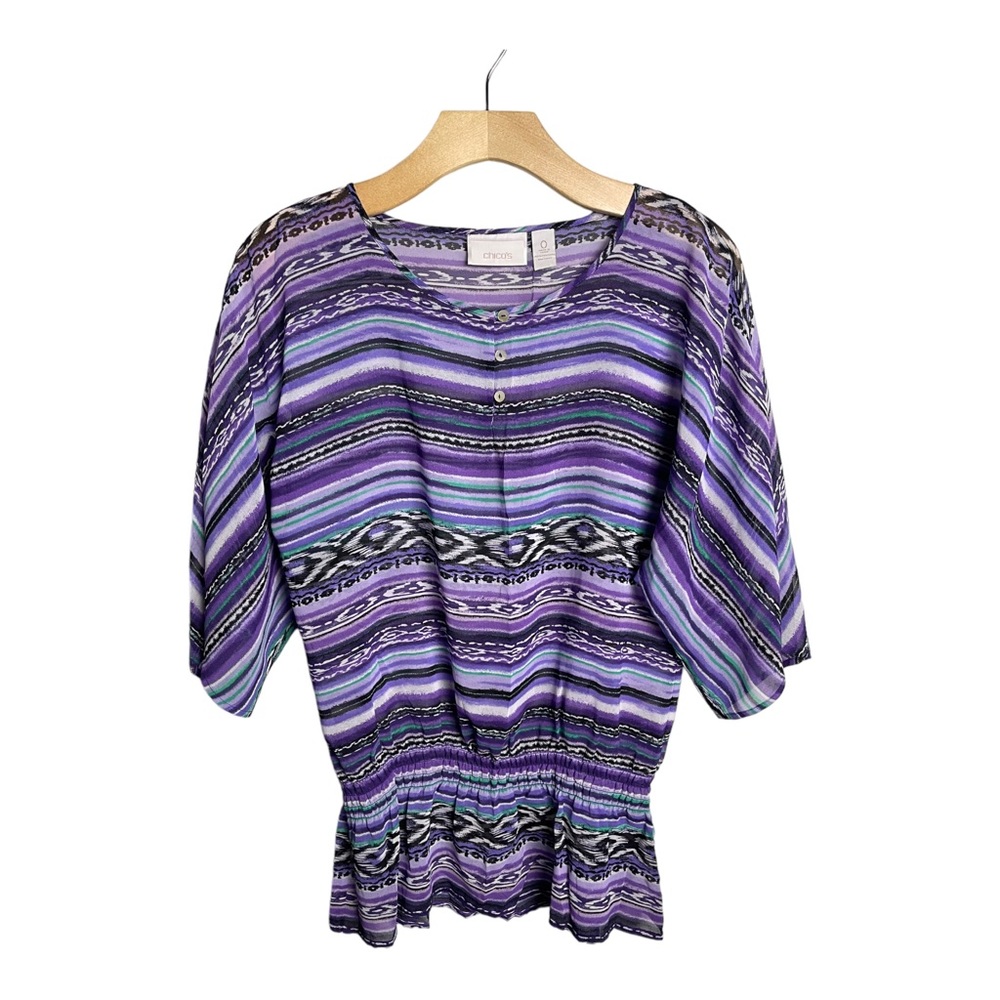 Chico’s Sheer Boho Print Elastic Waist Blouse Purple Size XS
